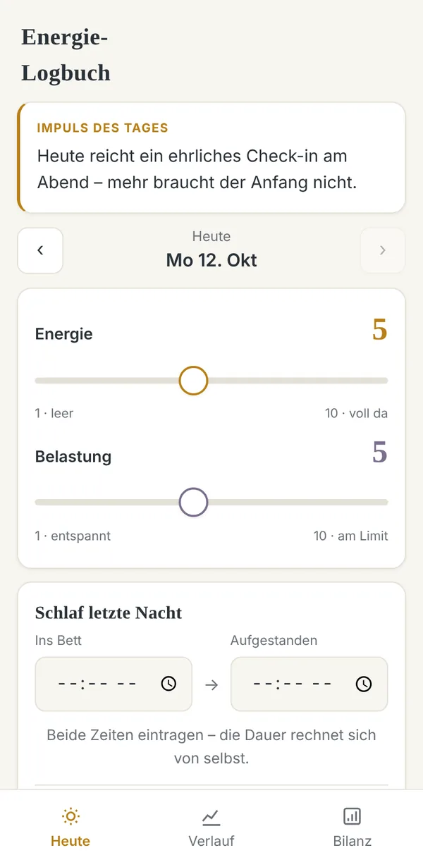 Energie-Logbuch, täglicher Eintrag