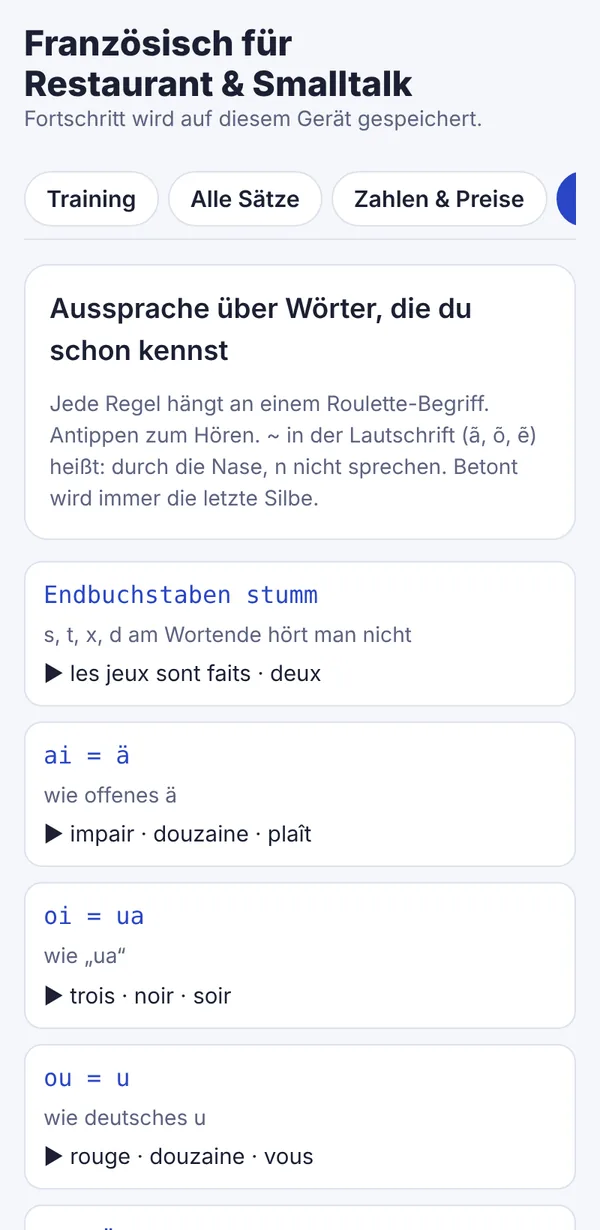 Französisch-Trainer, Ausspracheregeln
