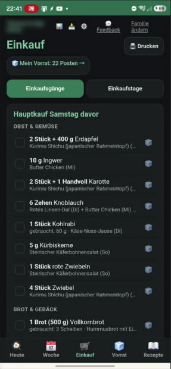 Kochwoche, Einkaufsliste nach Abteilungen
