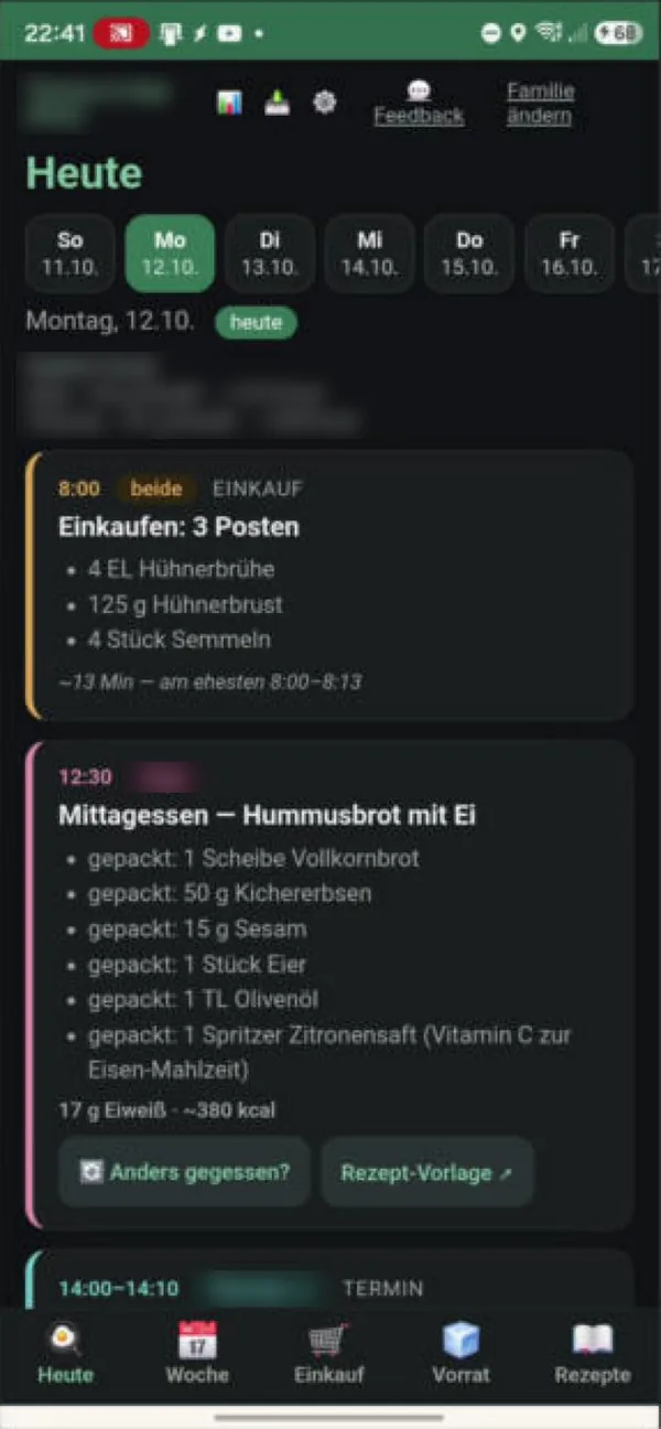Kochwoche, Tagesansicht mit Ablauf und Mahlzeiten