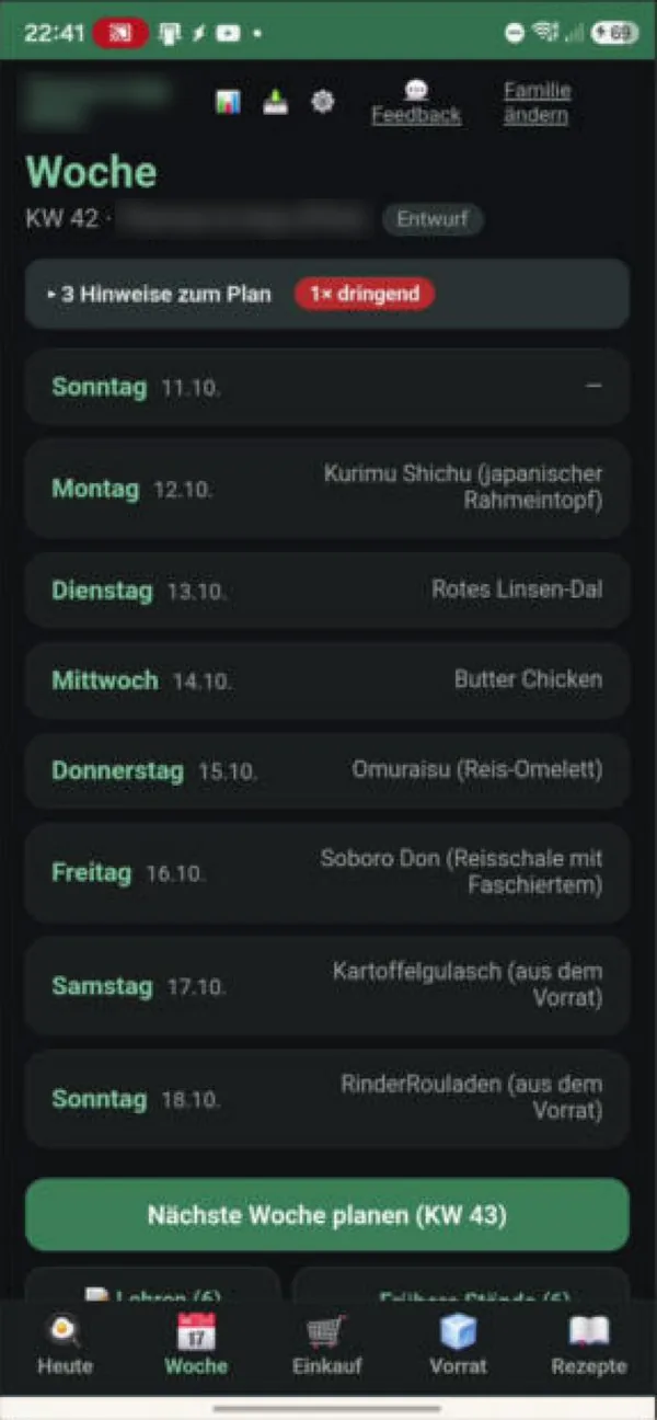Kochwoche, Wochenmenüplan